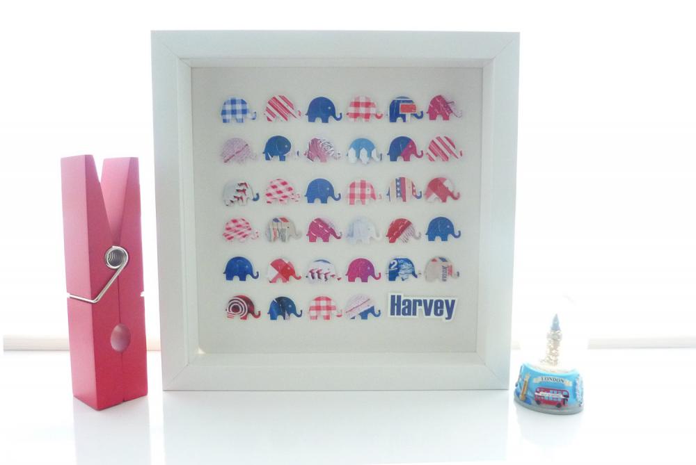 Elephants In Red, Blue & White Patterns. Personalised Art And Gift Keepsake. Framed