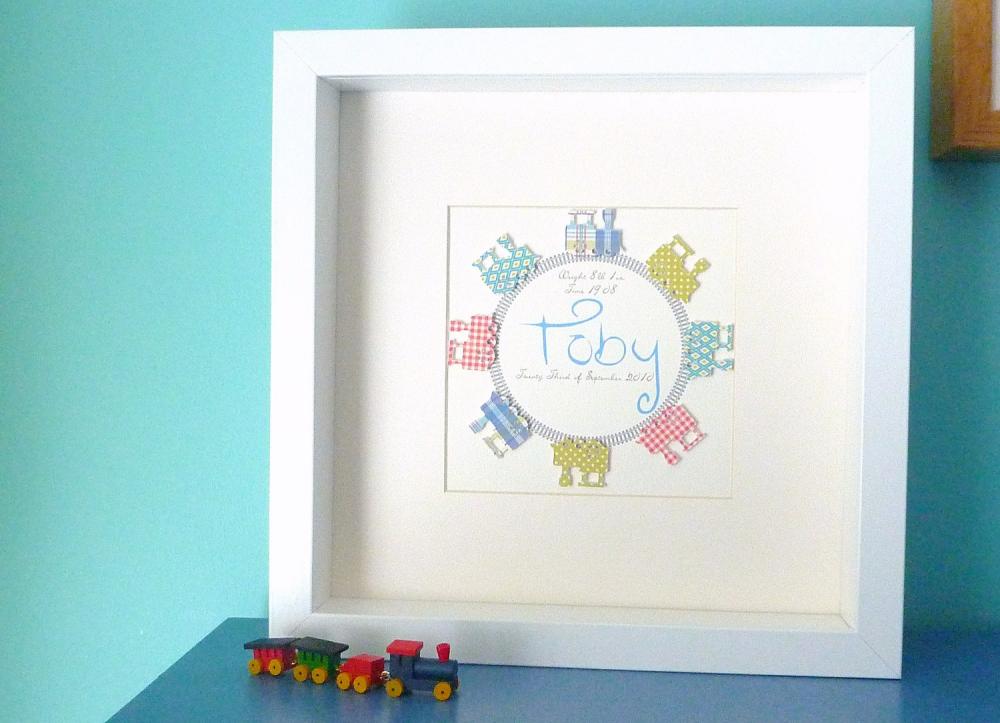 Personalized Mixed Media 3d Art For Nursery. Trains Keepsake. Framed And Mounted